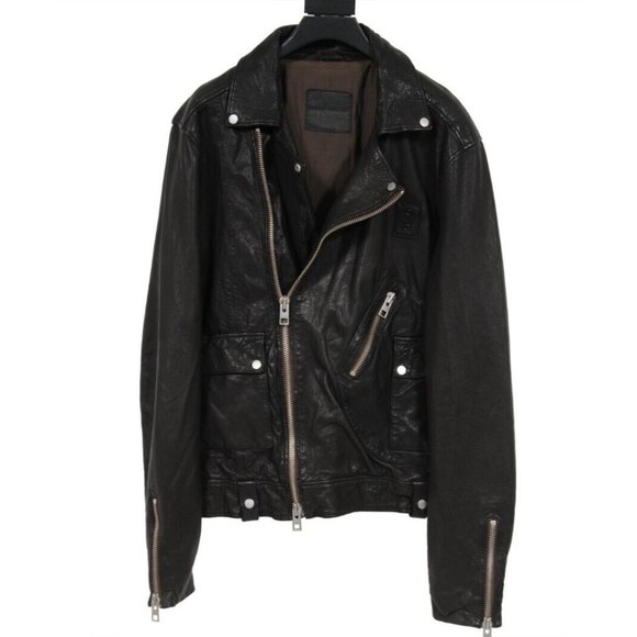 All Saints Mens Hudson Motorcylce Jacket Size Large Black Leather Biker Coat